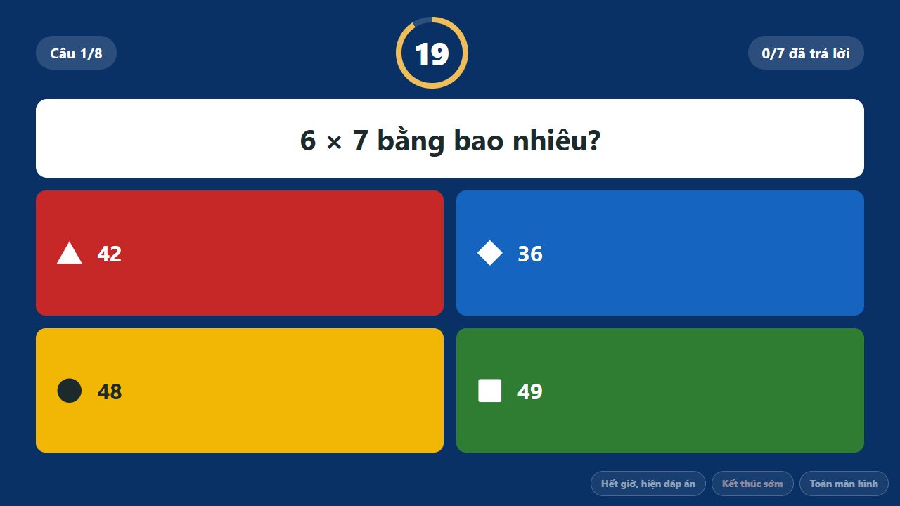 Đố vui trên màn chiếu: câu hỏi, bốn đáp án có hình, đồng hồ